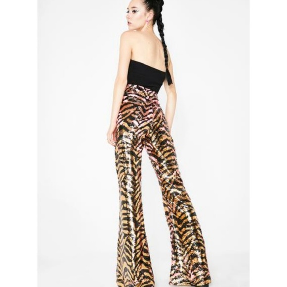 Pink Zebra Tiger sequin bell bottom flare pant    - Picture 2 of 4